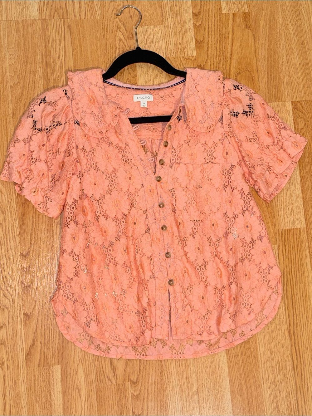 NWOT Pilcro Peach Lace Button-Front Short Sleeve Top/Blouse- xxs